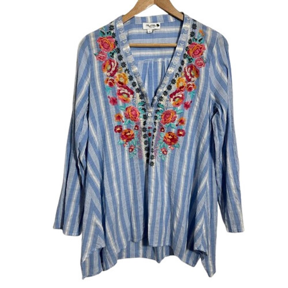 Angel Heart Boutique Blouse S Blue Floral Embroidery Boho Tunic Top Popover